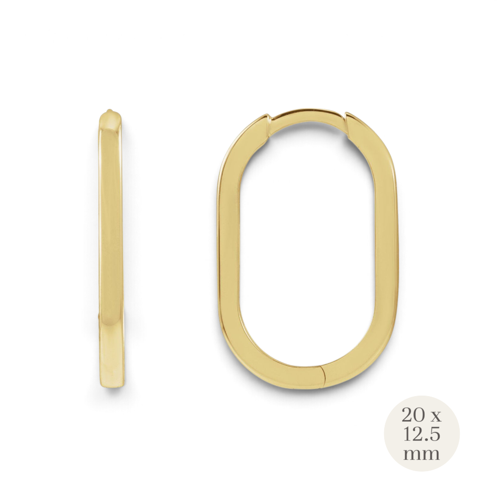 Stórica Studio Drift Hoops in polished 14k yellow gold featuring a slender elongated oval huggie design.