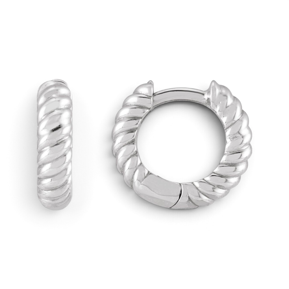 Stórica Studio Mooring sterling silver huggie hoop earrings featuring a detailed twisted rope texture