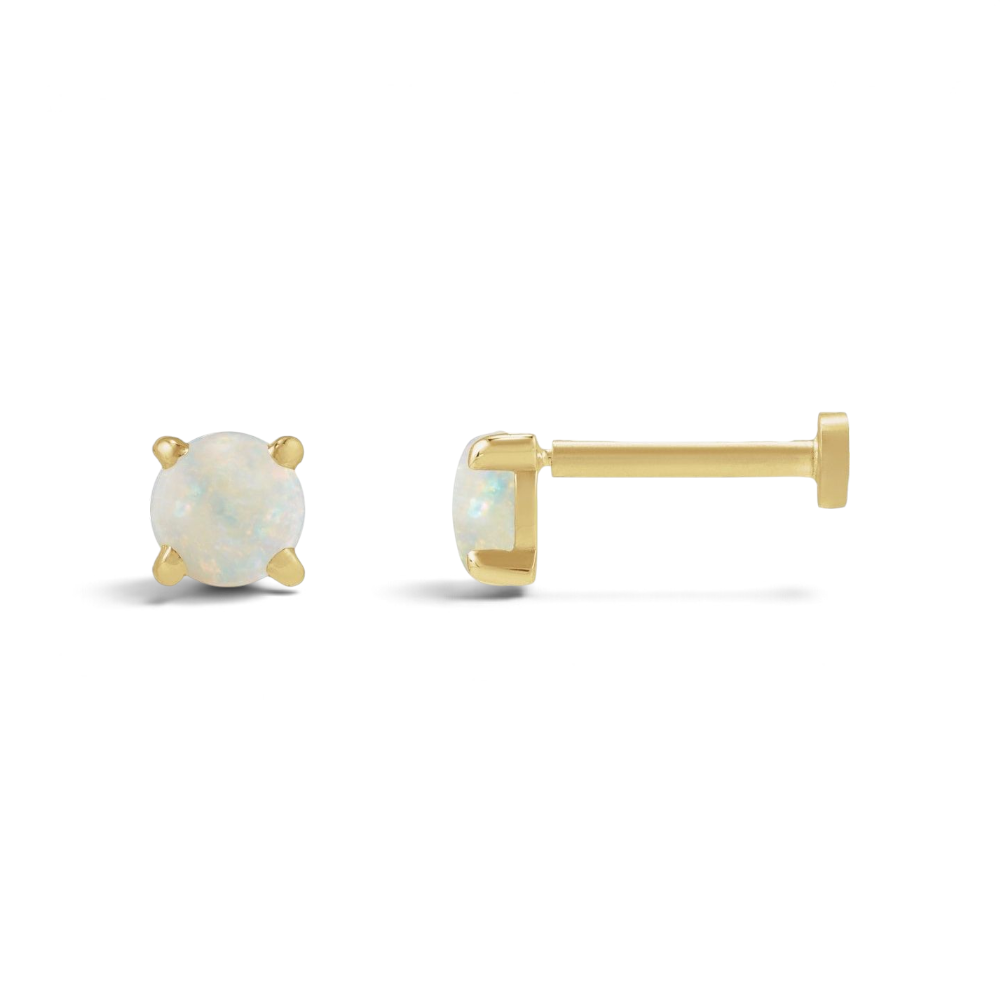 Stórica Studio 14k gold flat-back stud earrings featuring 4mm white opals with a soft iridescent shimmer.