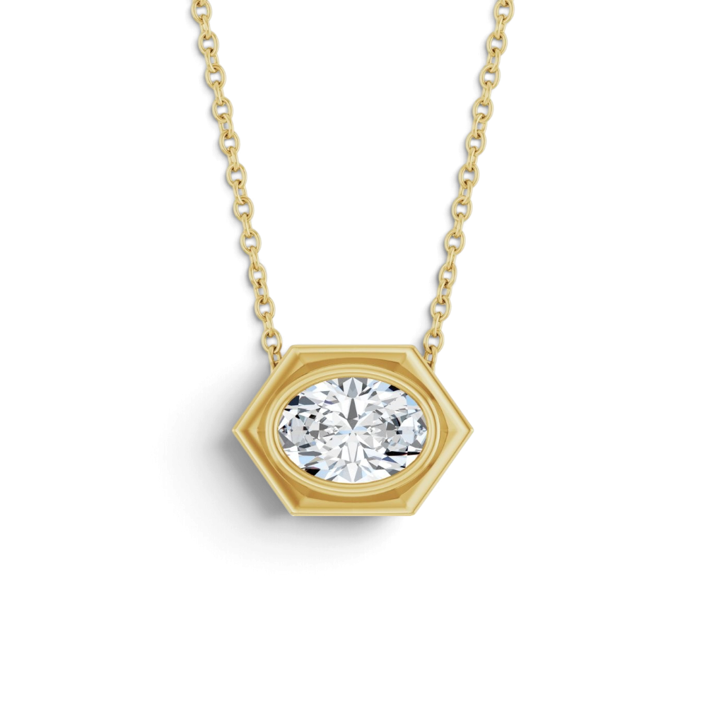 Stórica Studio Thalassa necklace featuring an oval lab-grown diamond in a 14k yellow gold bezel slide setting.