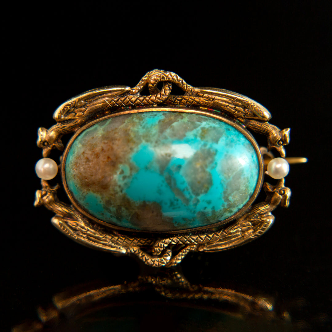 Turquoise Cabochon + Seed Pearl Griffin Brooch