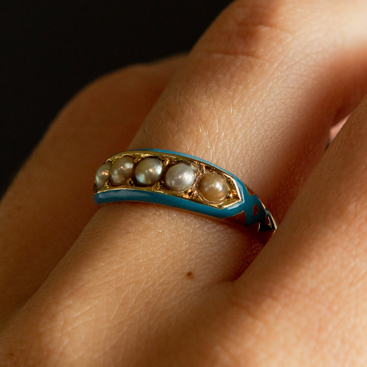 Blue Enamel + Pearl Ring | 14k Gold