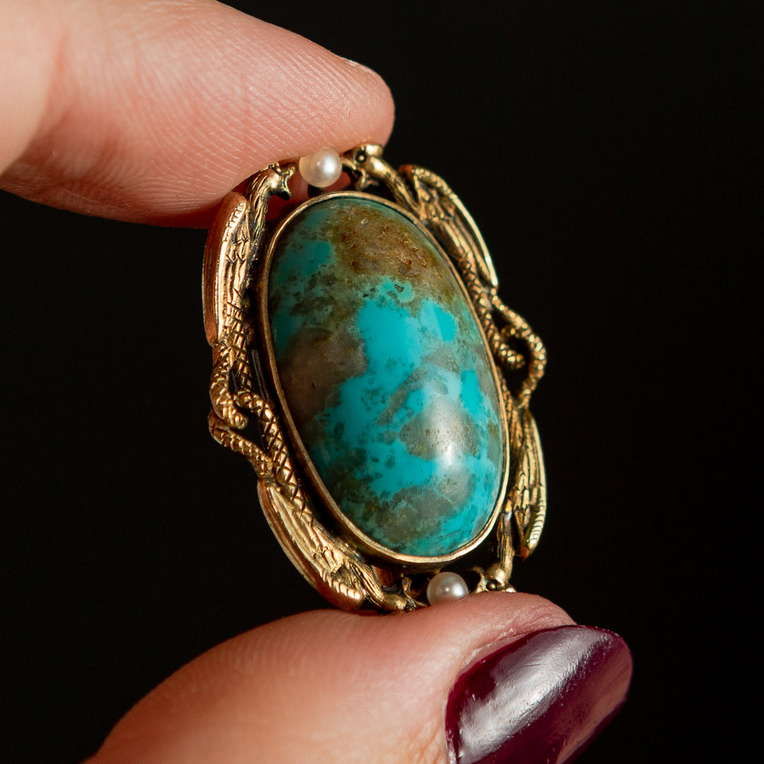 Turquoise Cabochon + Seed Pearl Griffin Brooch