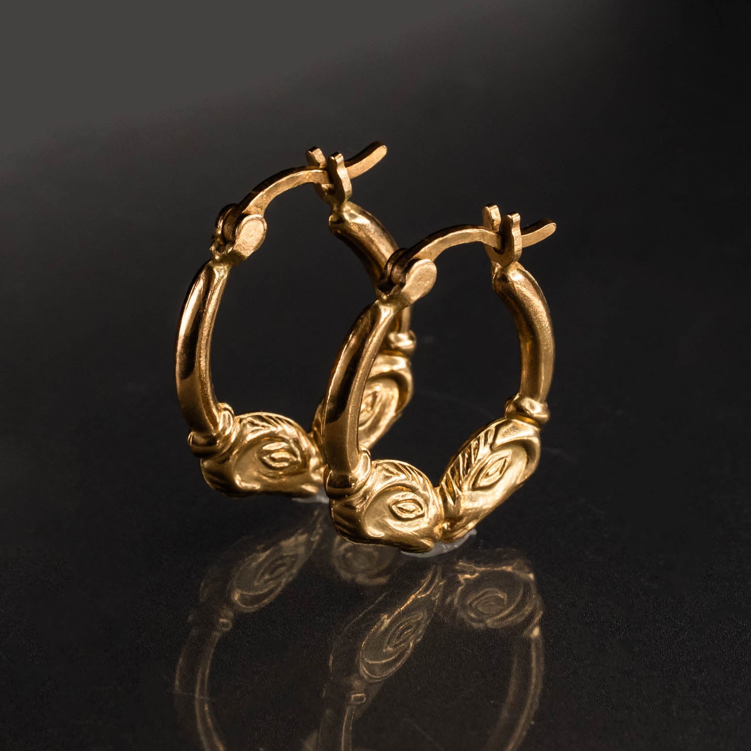 Vintage Ram Head Hoop Earrings in 14k Gold