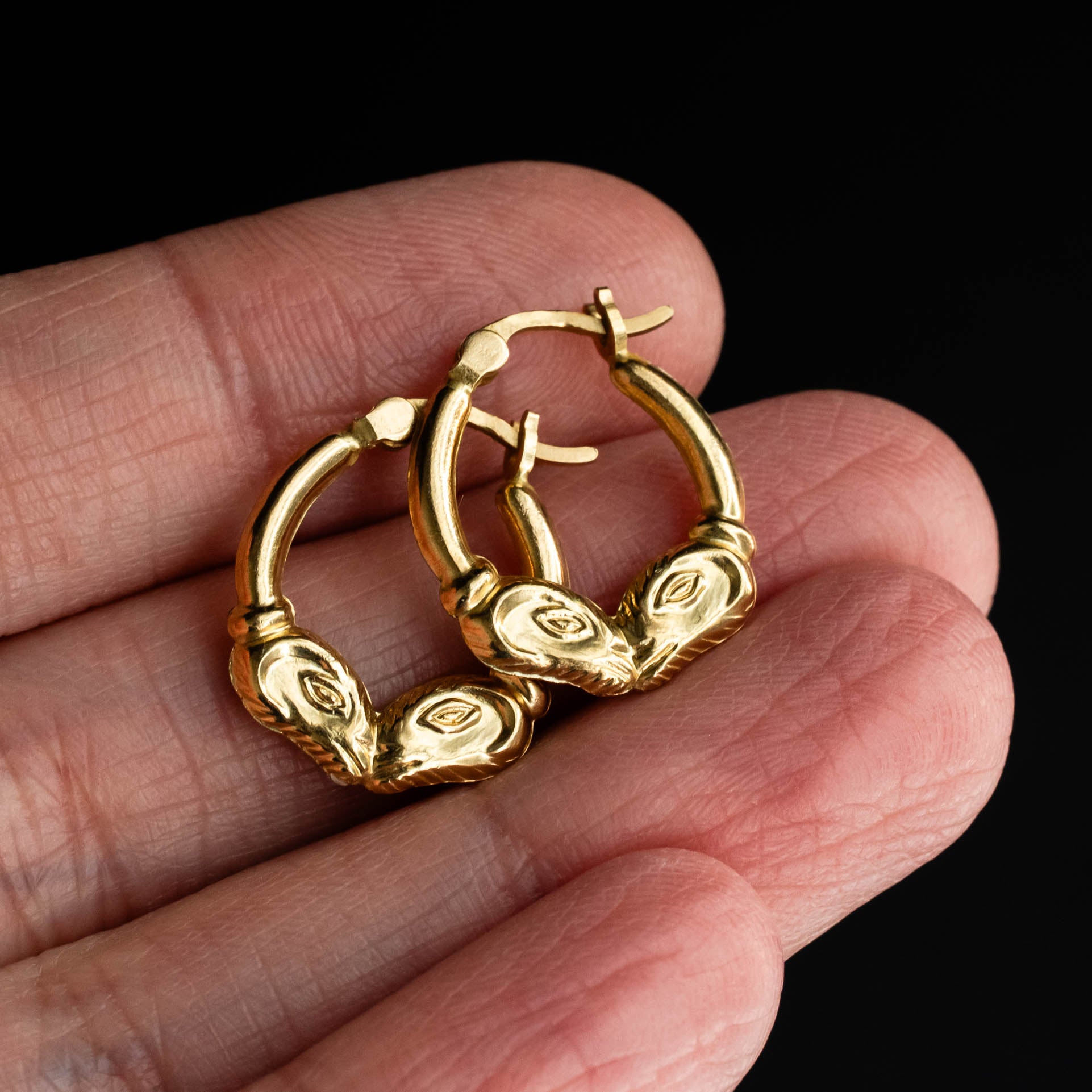 Vintage Ram Head Hoop Earrings in 14k Gold