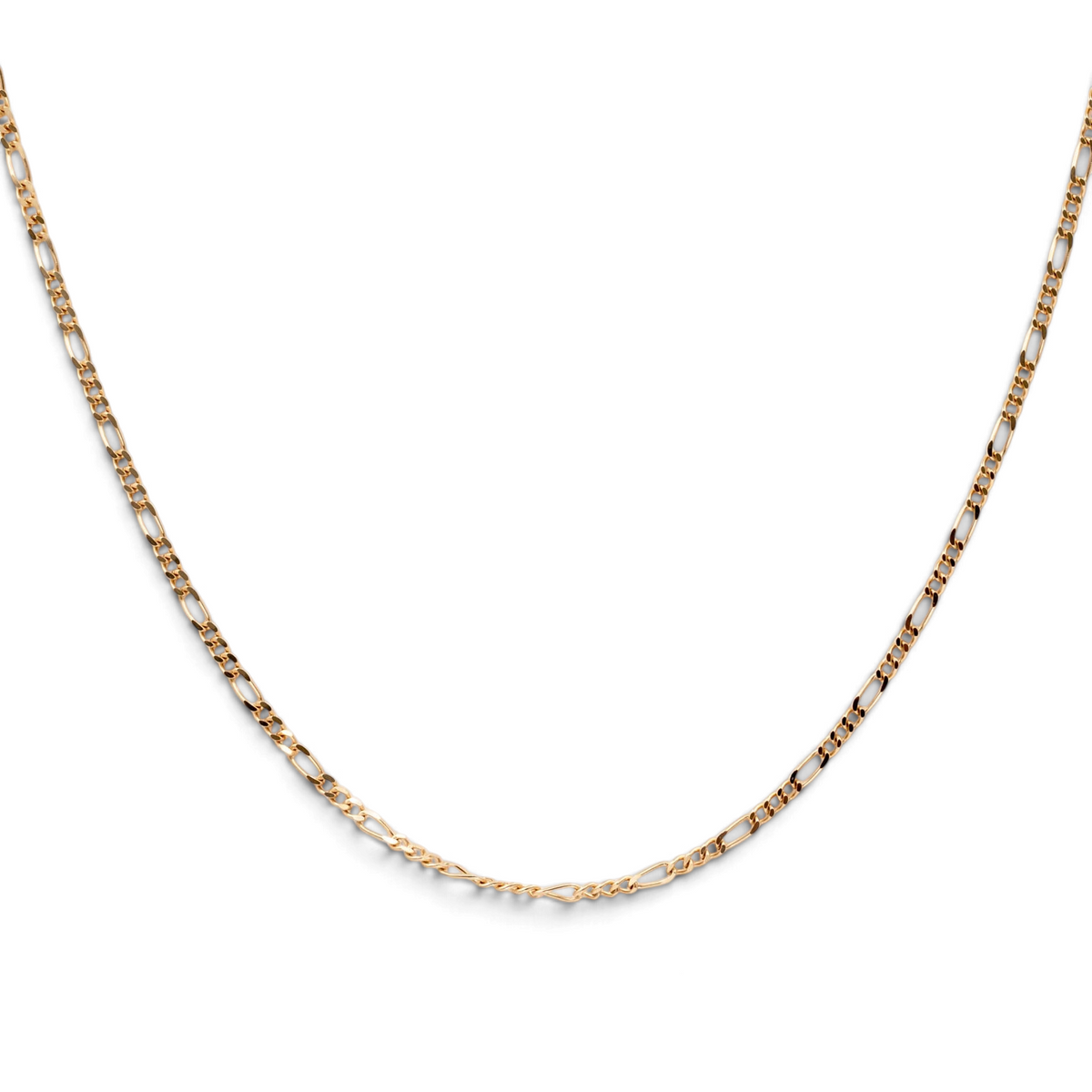 Stórica Studio 14k yellow gold Baby Figaro chain necklace with a delicate 1.2mm link pattern on a white background.