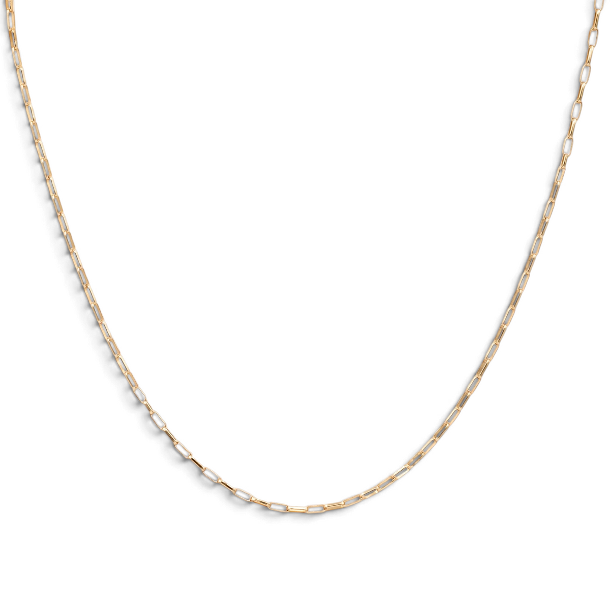 Stórica Studio 14k gold baby paperclip chain necklace with 1.2mm elongated links on a clean white background
