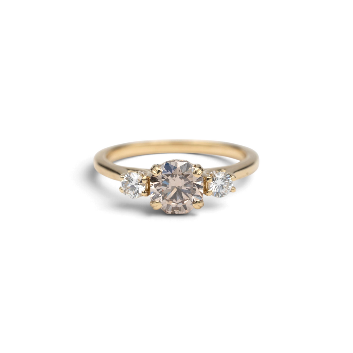 Stórica Studio Laurel ring in 14k yellow gold with a 1.03 ct lab-grown champagne octagon diamond and round side stones