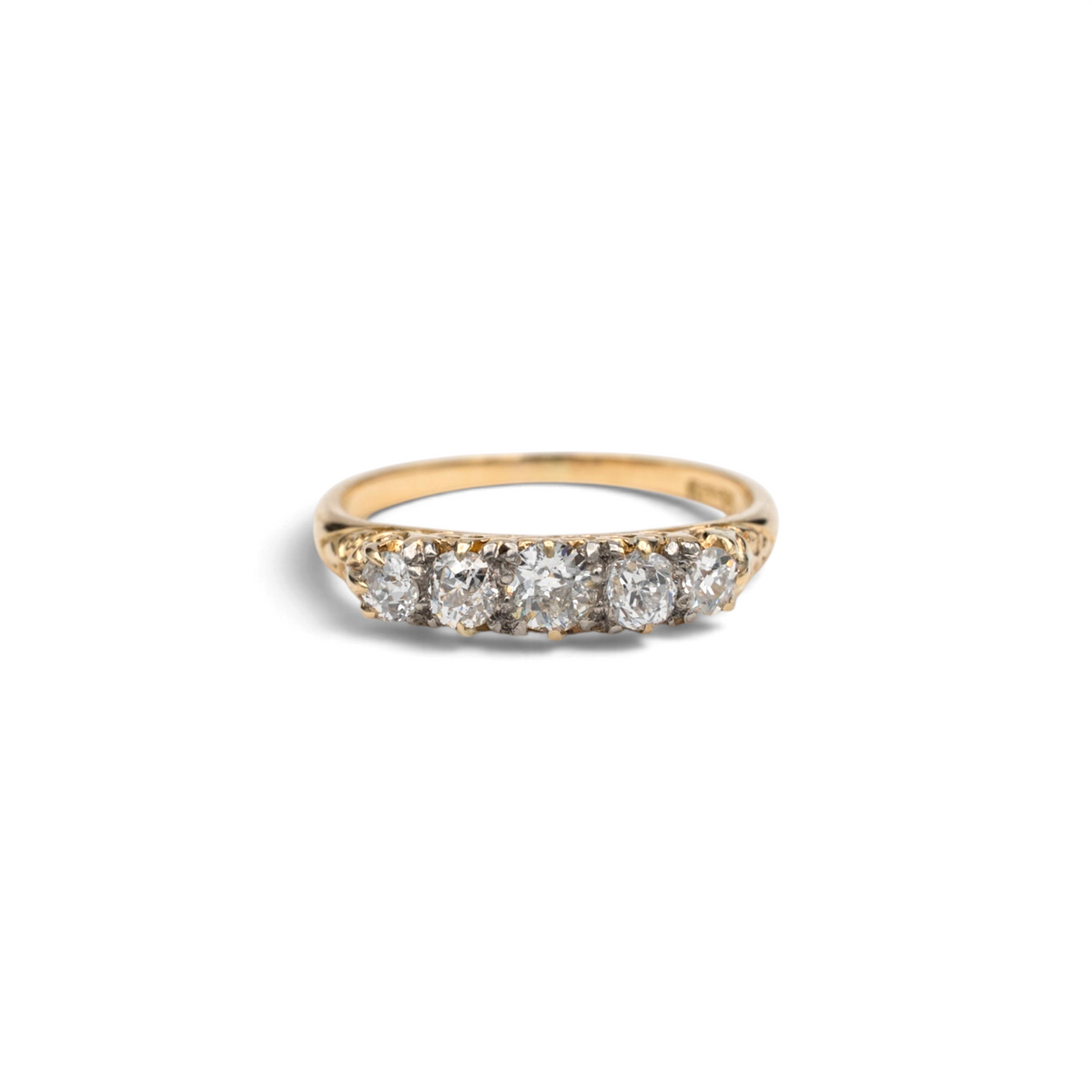 Stórica Studio Yarrow Victorian half hoop ring with five old mine cut diamonds in 18k yellow gold