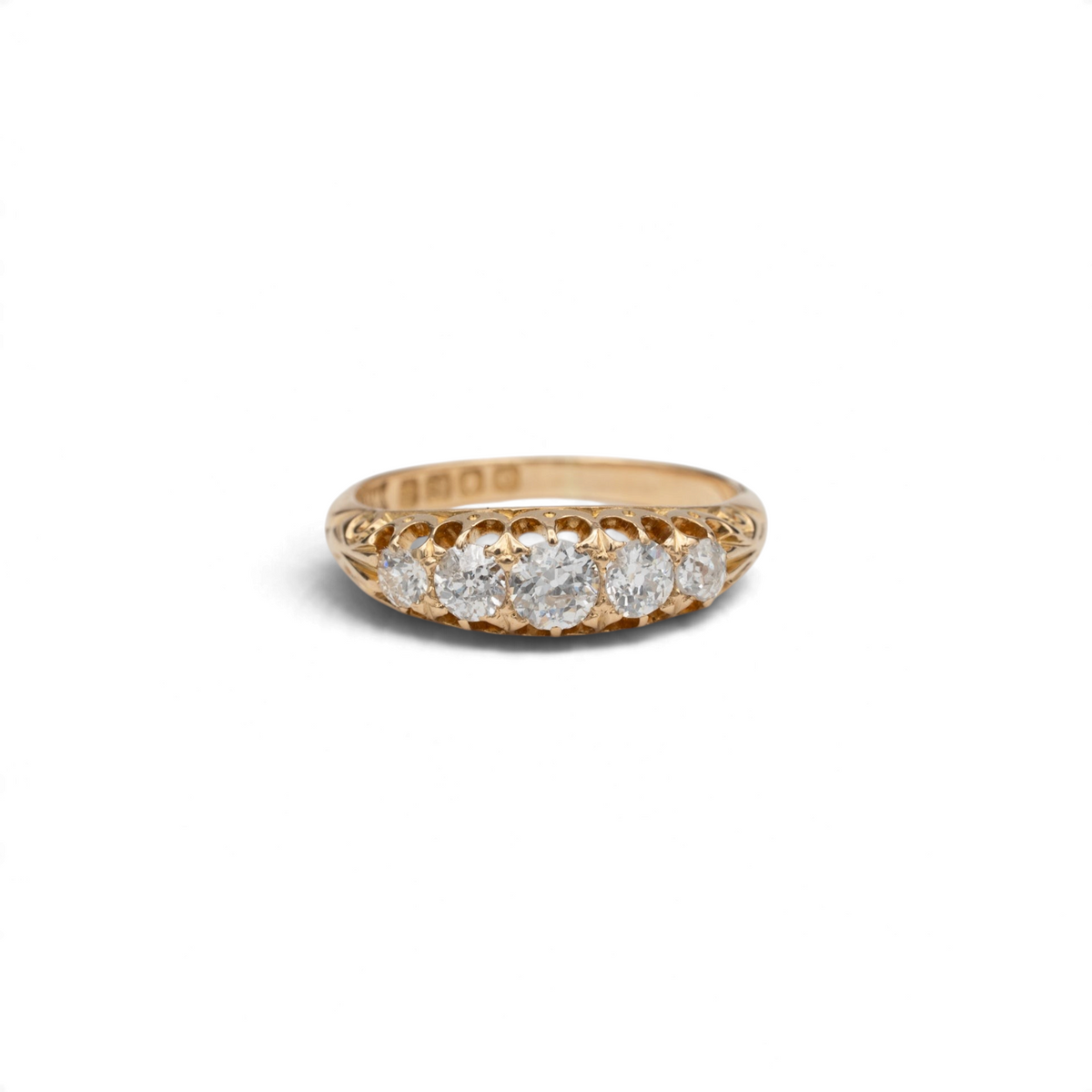Stórica Studio Snowdrop Victorian half hoop ring with five graduated old mine cut diamonds in 18k yellow gold