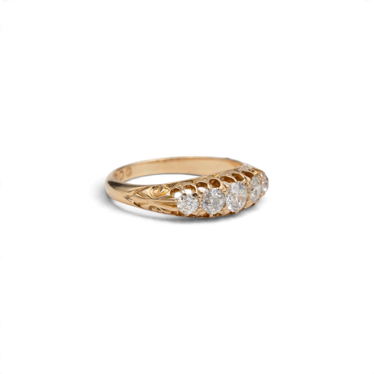 Stórica Studio Snowdrop antique five stone diamond ring in 18k yellow gold with carved scroll gallery