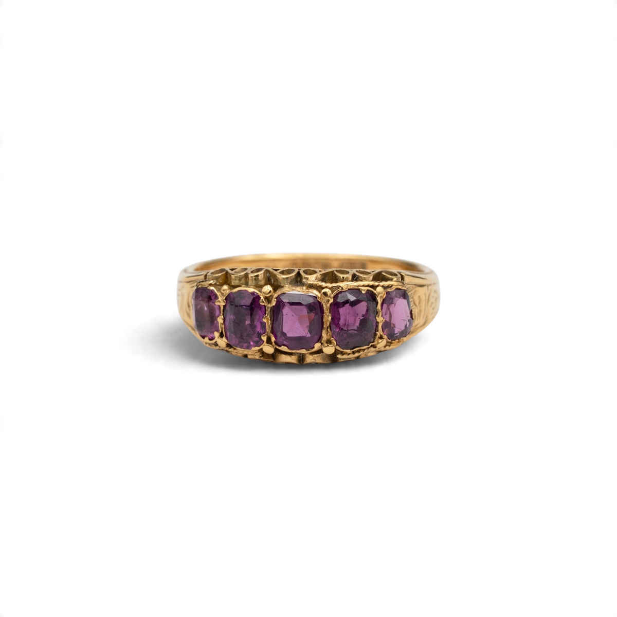 Stórica Studio Damson Victorian half hoop ring in 15k yellow gold with five graduated cushion-cut purple garnets