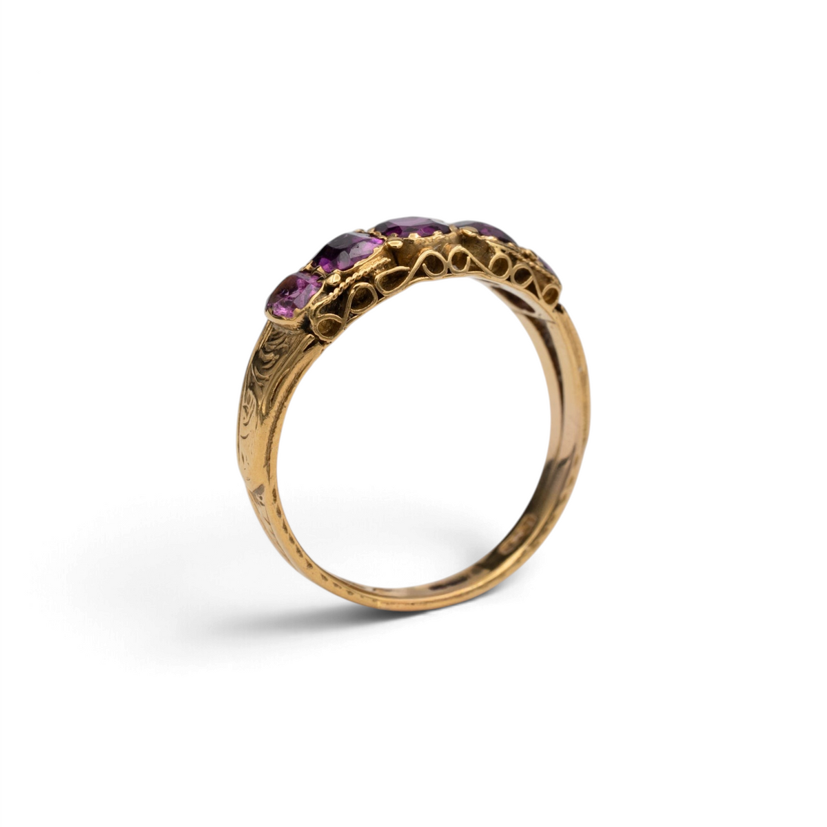 Stórica Studio Damson Victorian garnet half hoop ring showing the scrolled wirework gallery and British hallmarks
