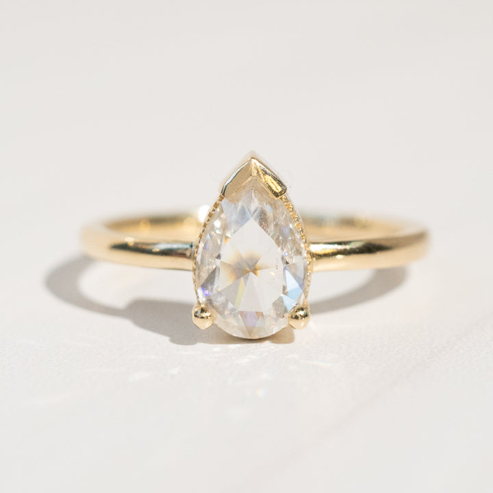 Oak Solitaire Ring | Rose-Cut Pear Moissanite in 14k Yellow Gold