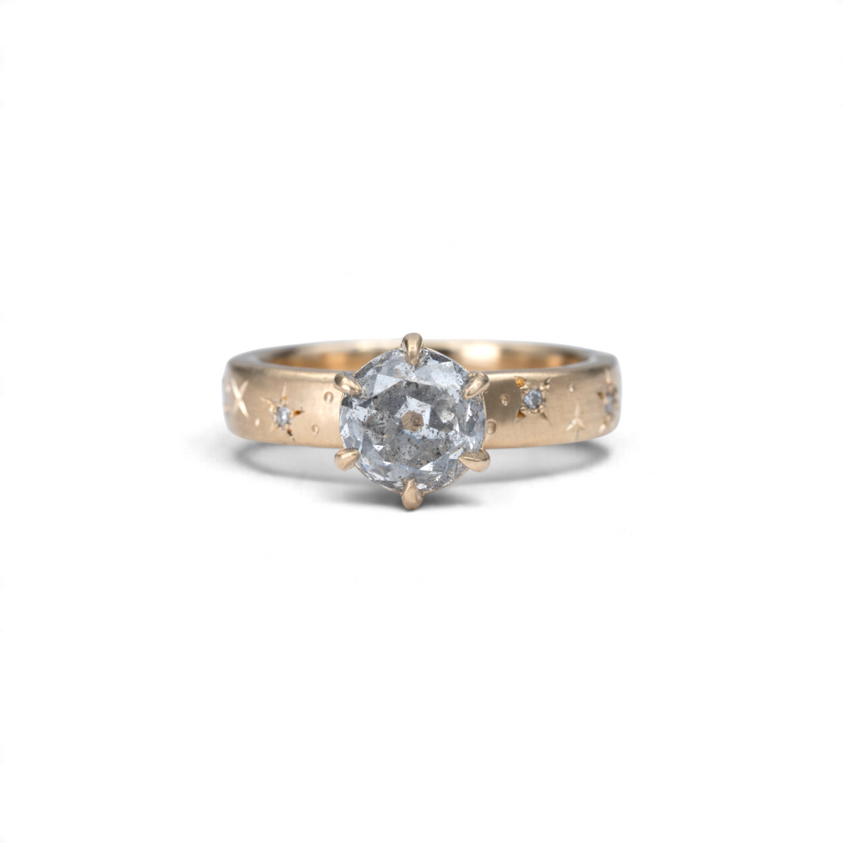 Stórica Studio Celestial Solitaire ring with a salt and pepper old European cut diamond in 14k yellow gold
