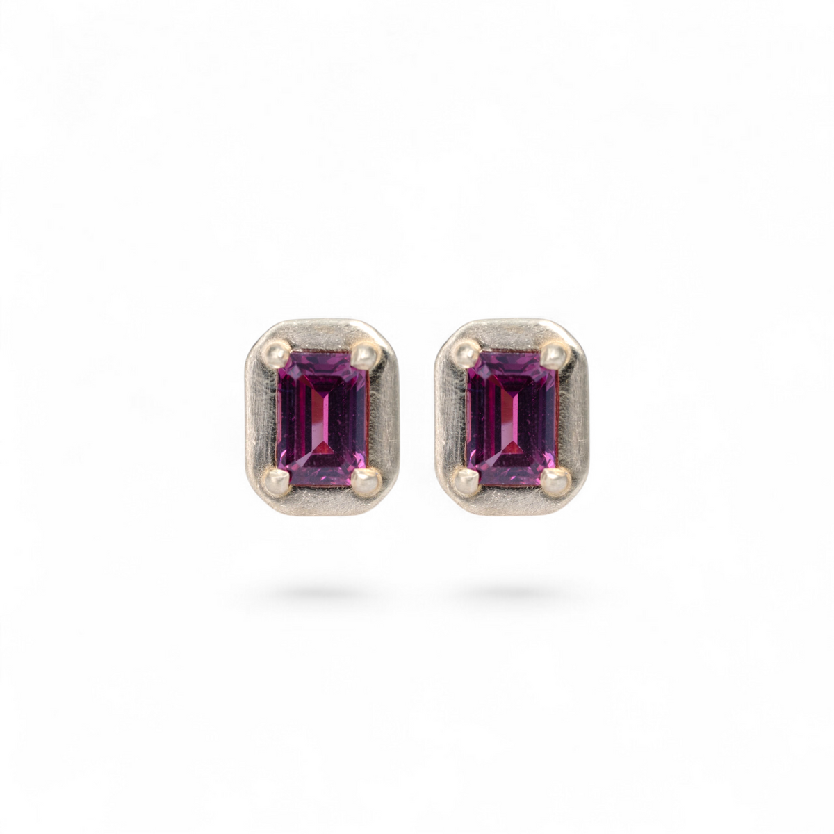 Mulberry emerald cut rhodolite garnet stud earrings in satin 14k yellow gold