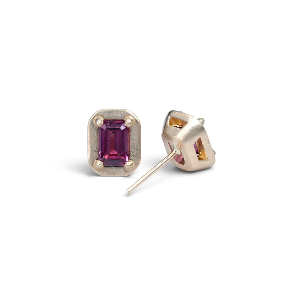 Mulberry rhodolite garnet studs, framed 14k yellow gold setting, alternate view