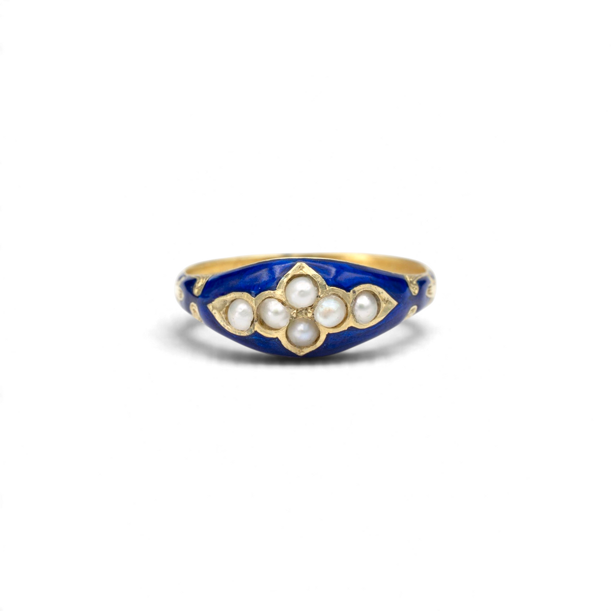 Stórica Studio 10k yellow gold ring featuring a cluster of pearls set in deep blue enamel.