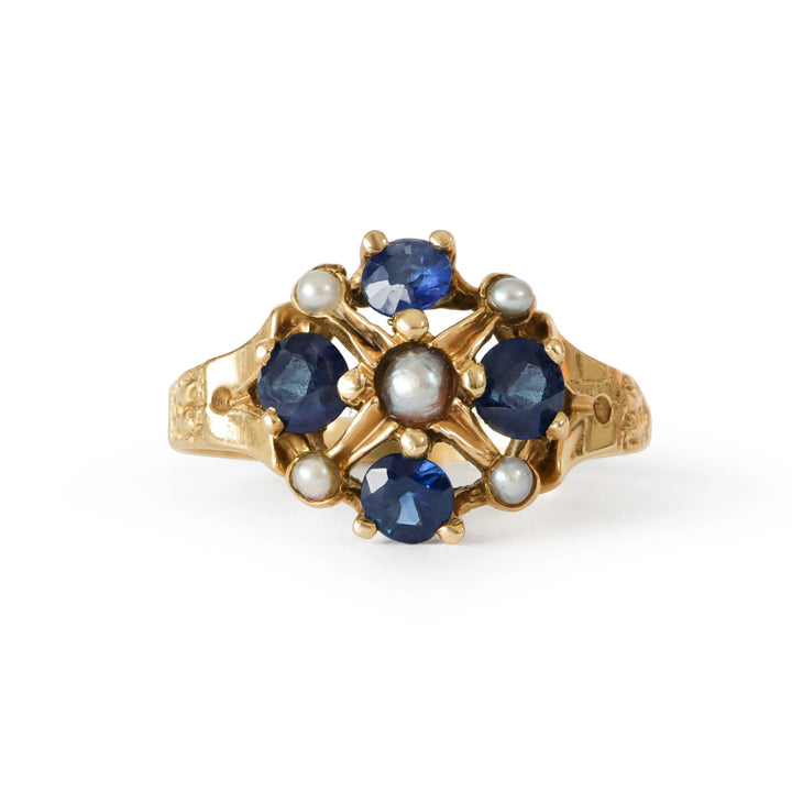 Midnight Bloom Ring — Victorian Sapphire & Pearl