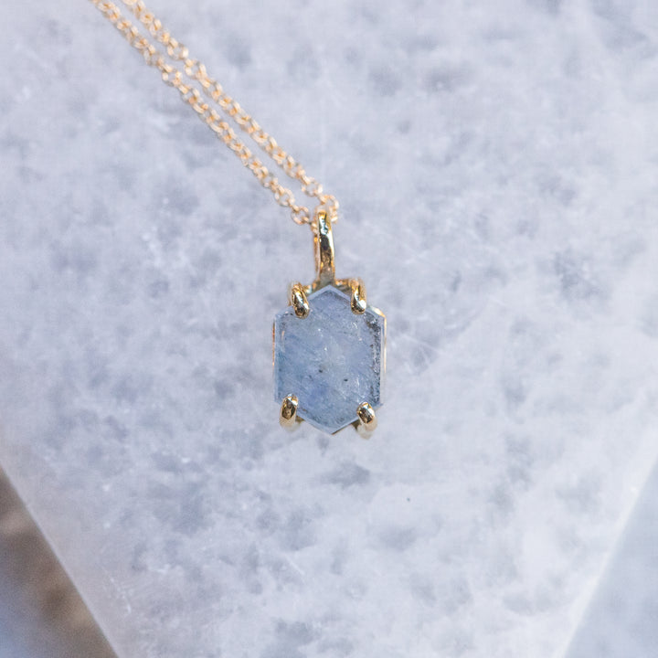 Raw Sapphire Daybreak Necklace - Hexagonal Blue Sapphire in 14k Yellow Gold