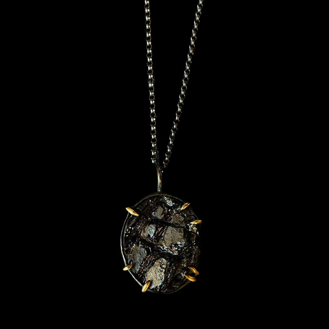 Fortitude Necklace - Natural Surface Obsidian in 14kY + Oxidized Sterling Silver No.1