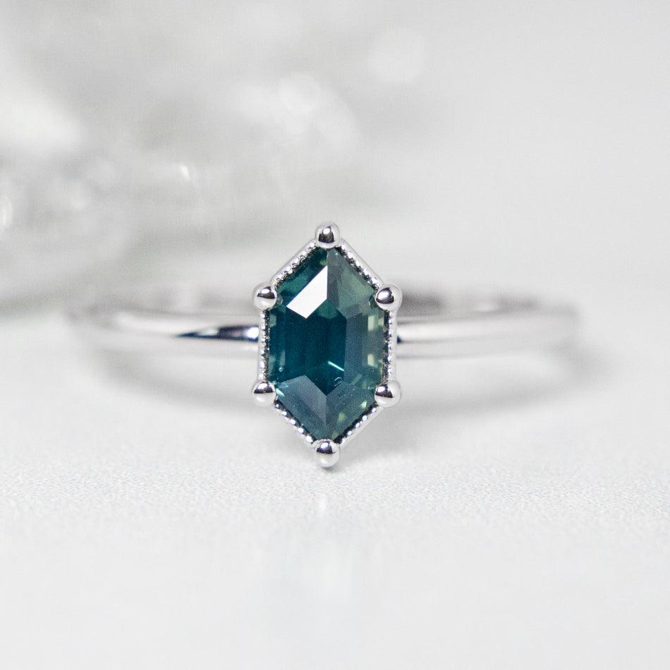 Oak Ring featuring a hexagonal sapphire.