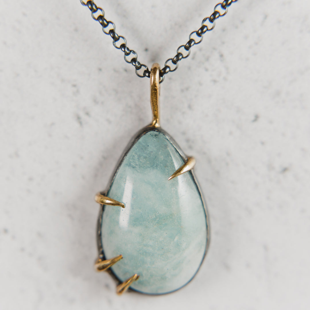 Fortitude Necklace | Teardrop Aquamarine in Oxidized Sterling Silver + 14k Gold