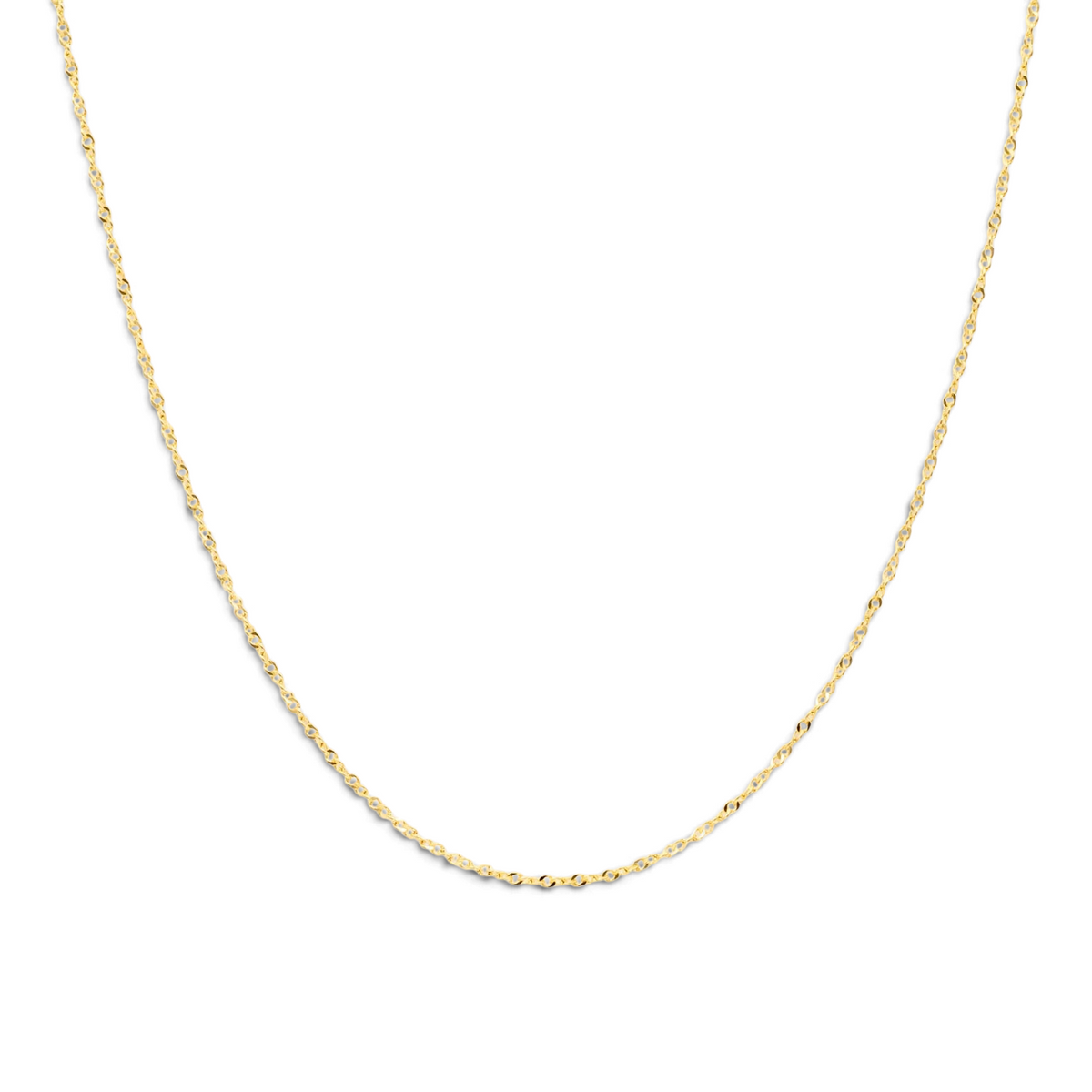Stórica Studio 14k yellow gold Singapore chain necklace with delicate twisted links on a white background