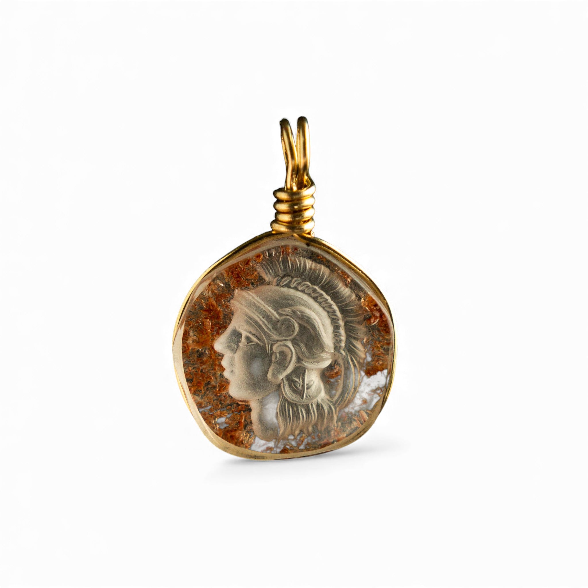 Aeneas Intaglio Warrior Charm – Golden Rutilated Quartz | 14k Yellow Gold