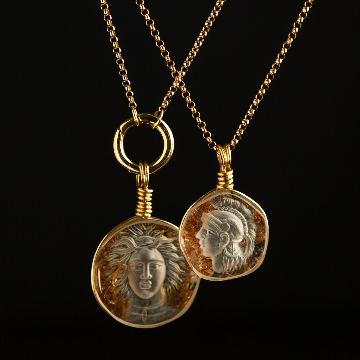 Aeneas Intaglio Warrior Charm – Golden Rutilated Quartz | 14k Yellow Gold