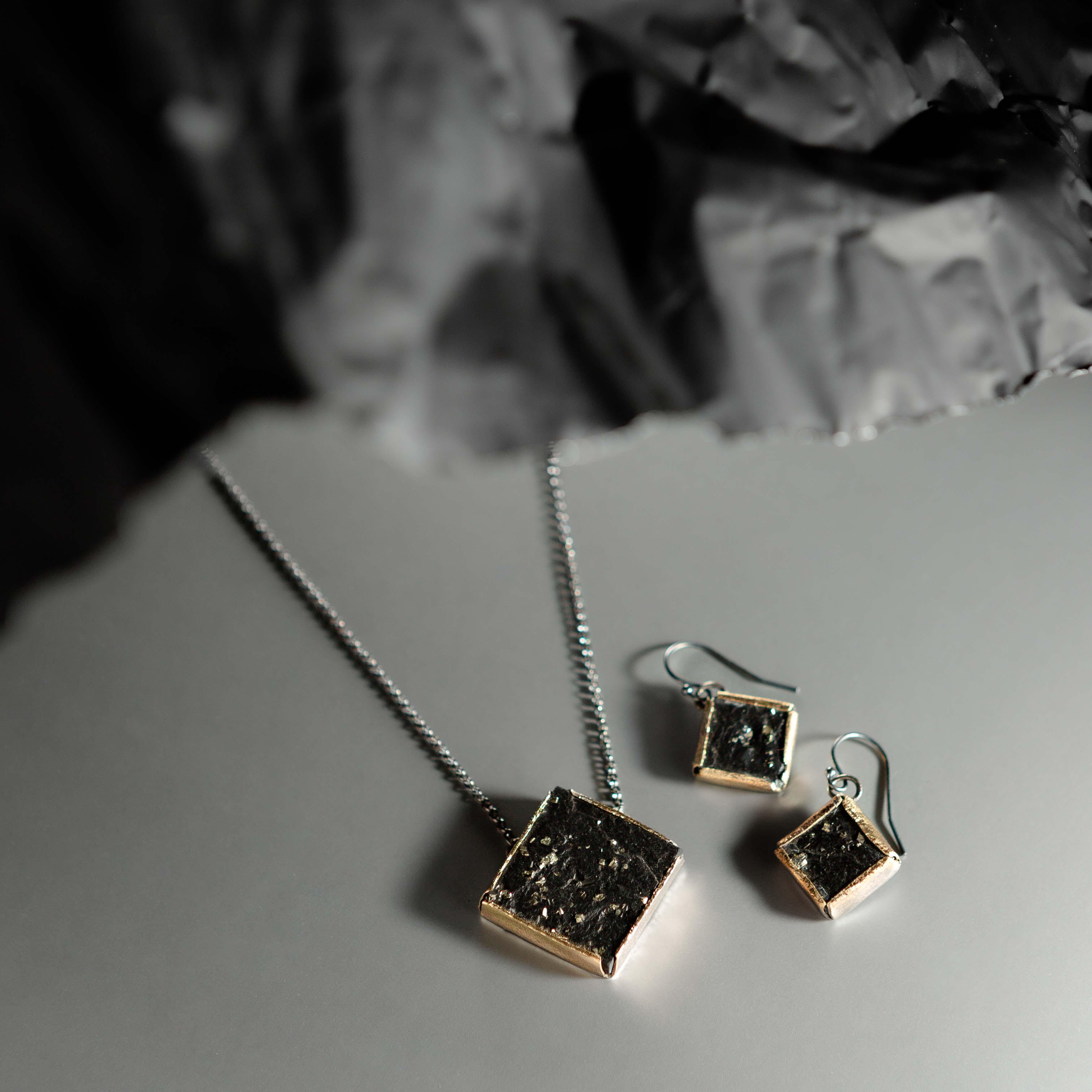 Petra Pyrite in Slate Necklace – 14k Yellow Gold & Sterling Silver | One of a Kind