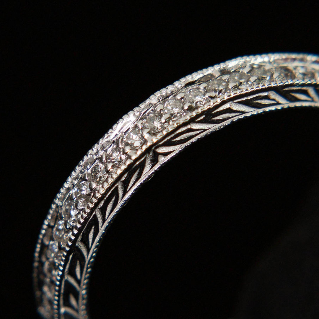 Vintage Diamond Band with Hand Engraving |18k White Gold