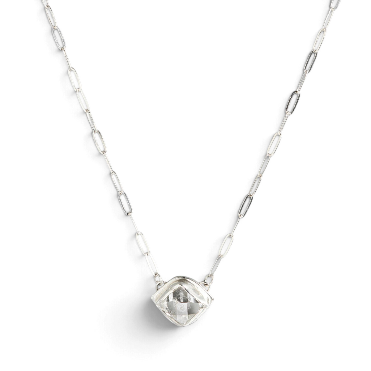 Stórica Studio East-West Glacier necklace featuring a raw Herkimer quartz crystal in a sterling silver bezel setting.