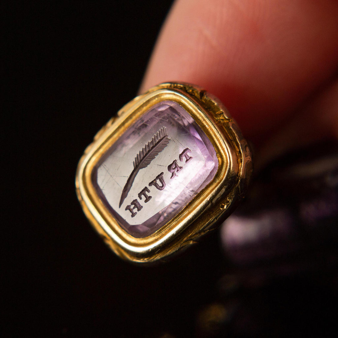 Carved Amethyst Watch Fob/Seal | “Write Truth” | 14k Gold