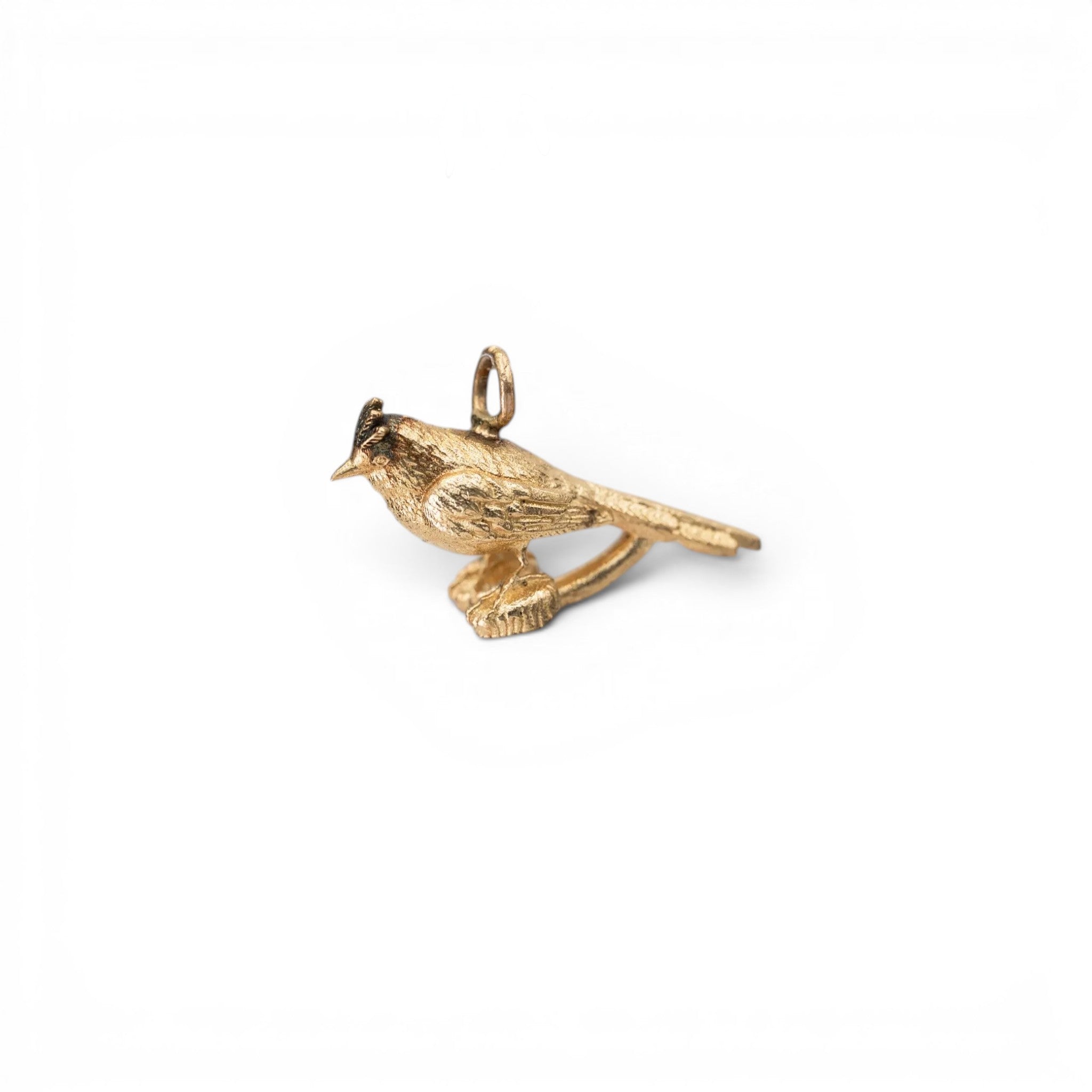 Stórica Studio 14k yellow gold cardinal bird charm featuring detailed textured feathers and a small hanging loop.