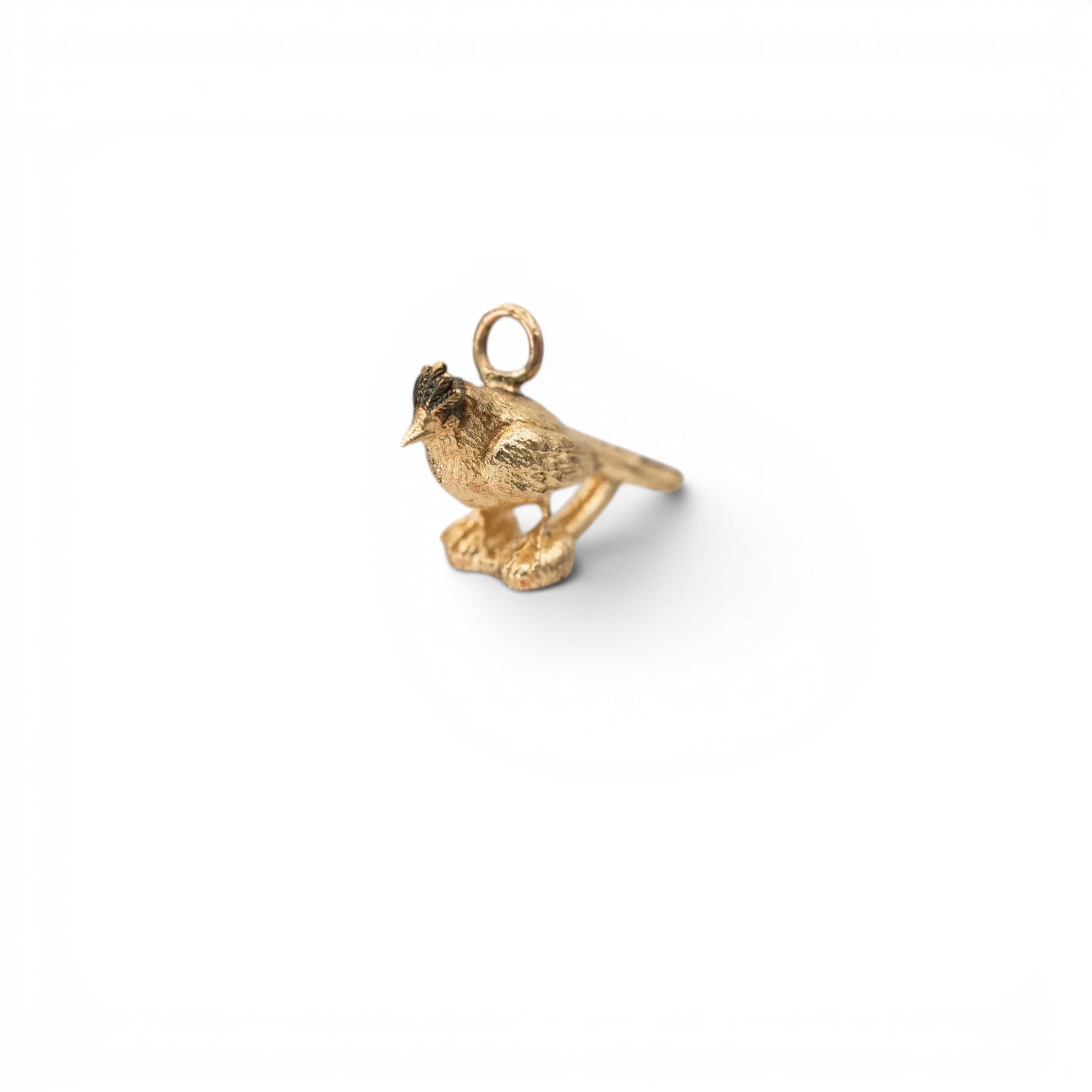 Stórica Studio 14k yellow gold cardinal bird charm with detailed textured feathers hanging from a white ribbon.