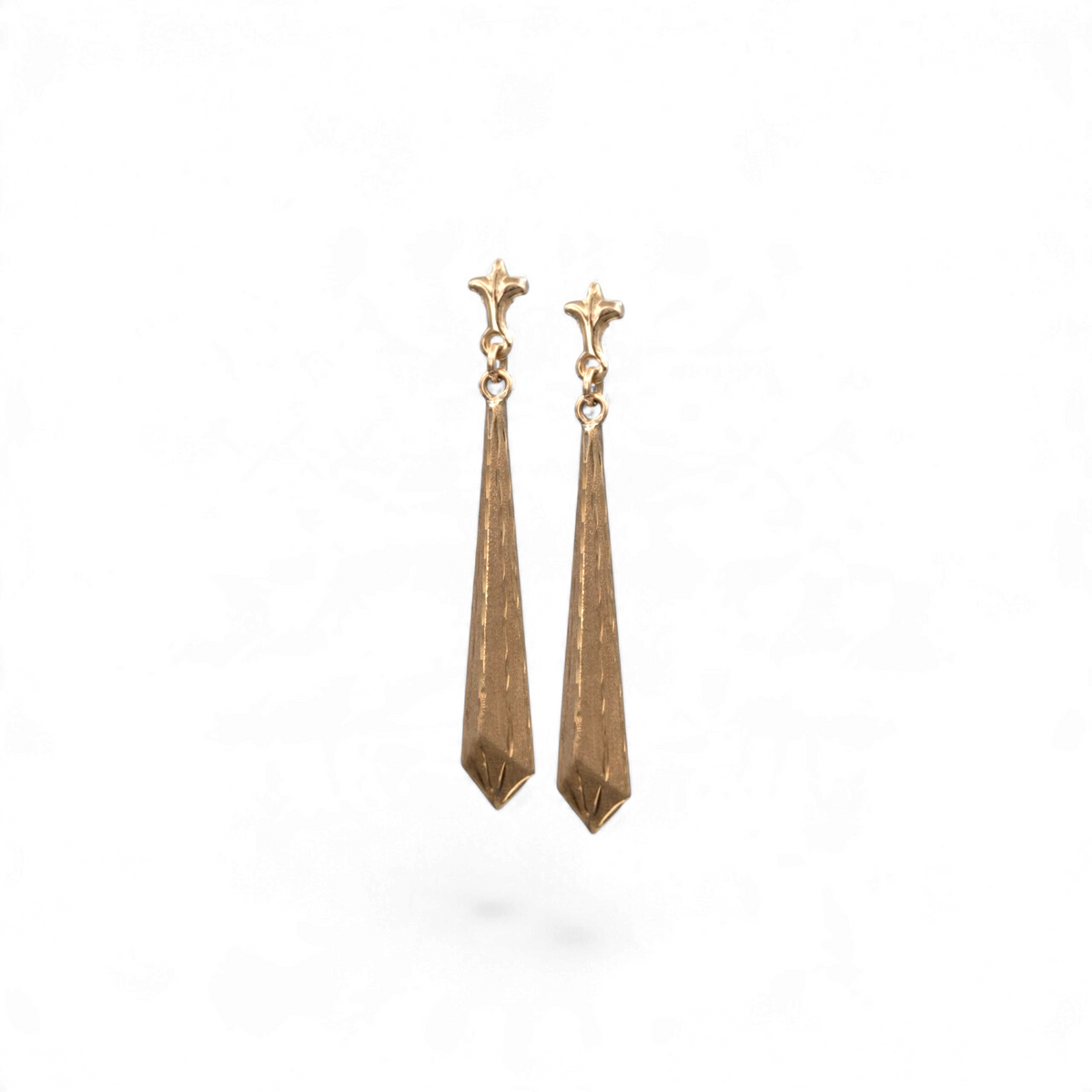 Sceptre vintage 14k yellow gold geometric drop earrings with faceted spire drops and fleur-de-lis posts, by Stórica Studio