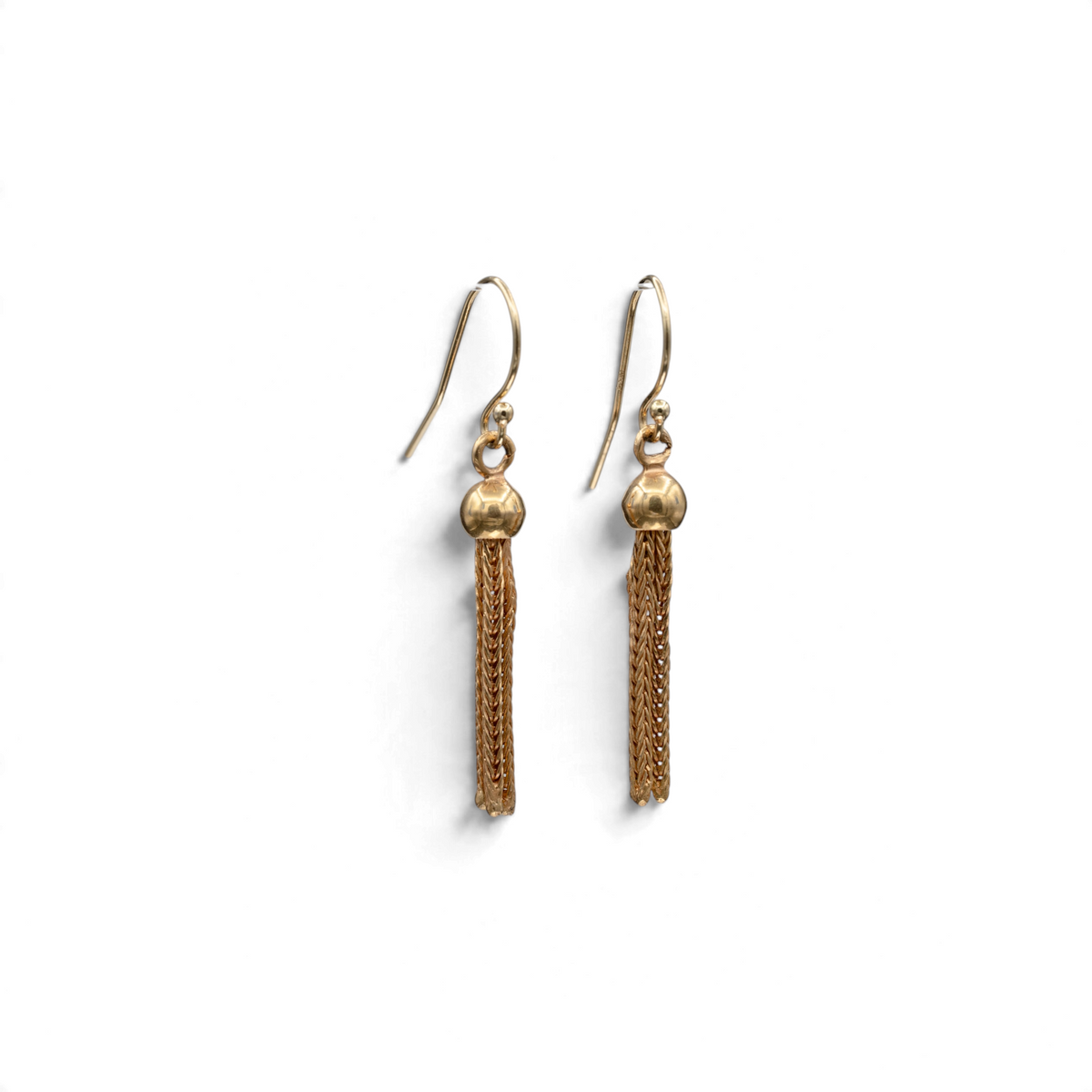 Sheaf antique 18k yellow gold tassel drop earrings with braided chain fringe and domed caps on French wire ear hooks, by Stórica Studio