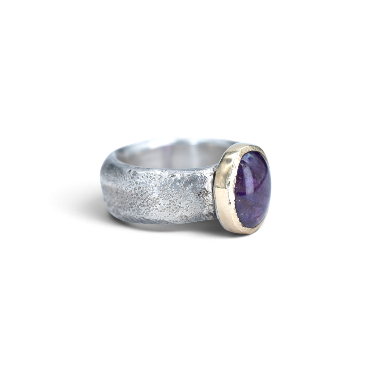 Clio sapphire cabochon ring, alternate view of the sandcast sterling silver band