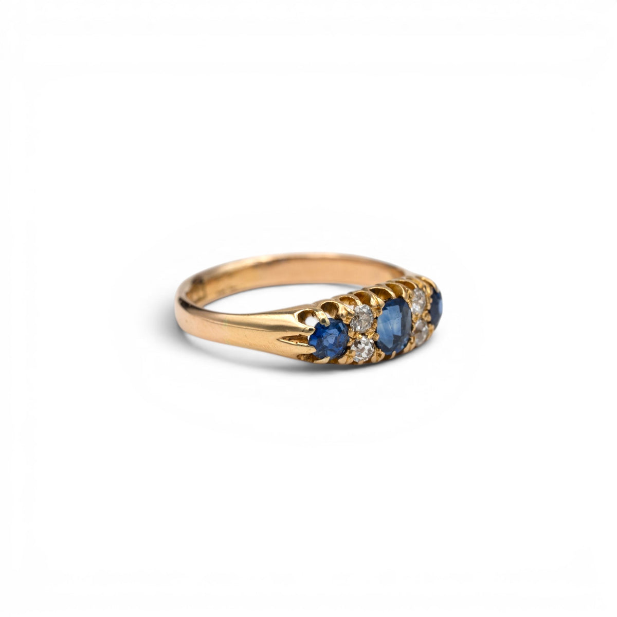 Stórica Studio Bluebell antique sapphire and diamond half hoop ring in 18k yellow gold, side view
