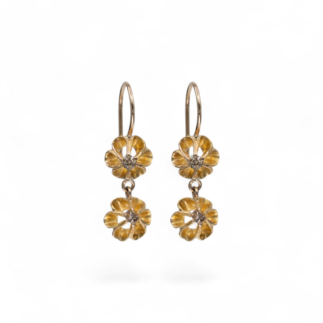 antique 18k yellow gold Buttercup Reverie drop earrings with old mine cut diamonds in Victorian buttercup settings