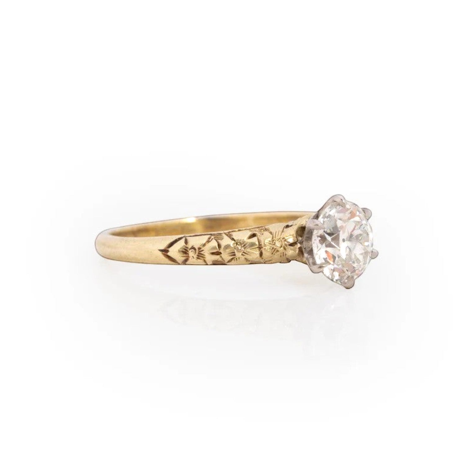 Stórica Studio antique 1.11ct Old European-cut diamond solitaire ring in 14k yellow and white gold with hand-engraved floral band, circa 1920s.
