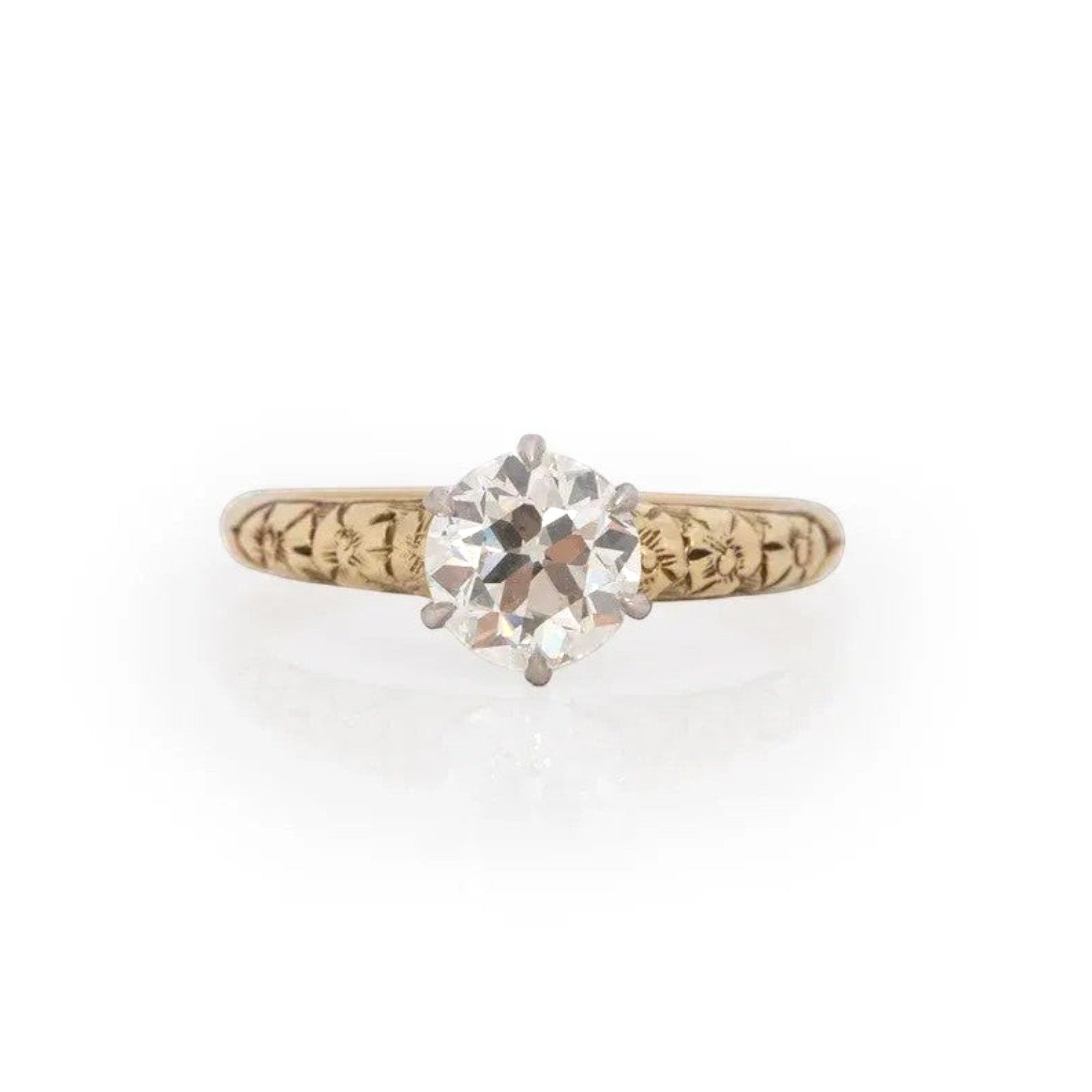 Stórica Studio antique 1.11ct Old European-cut diamond solitaire ring in 14k yellow and white gold with hand-engraved floral band, circa 1920s.
