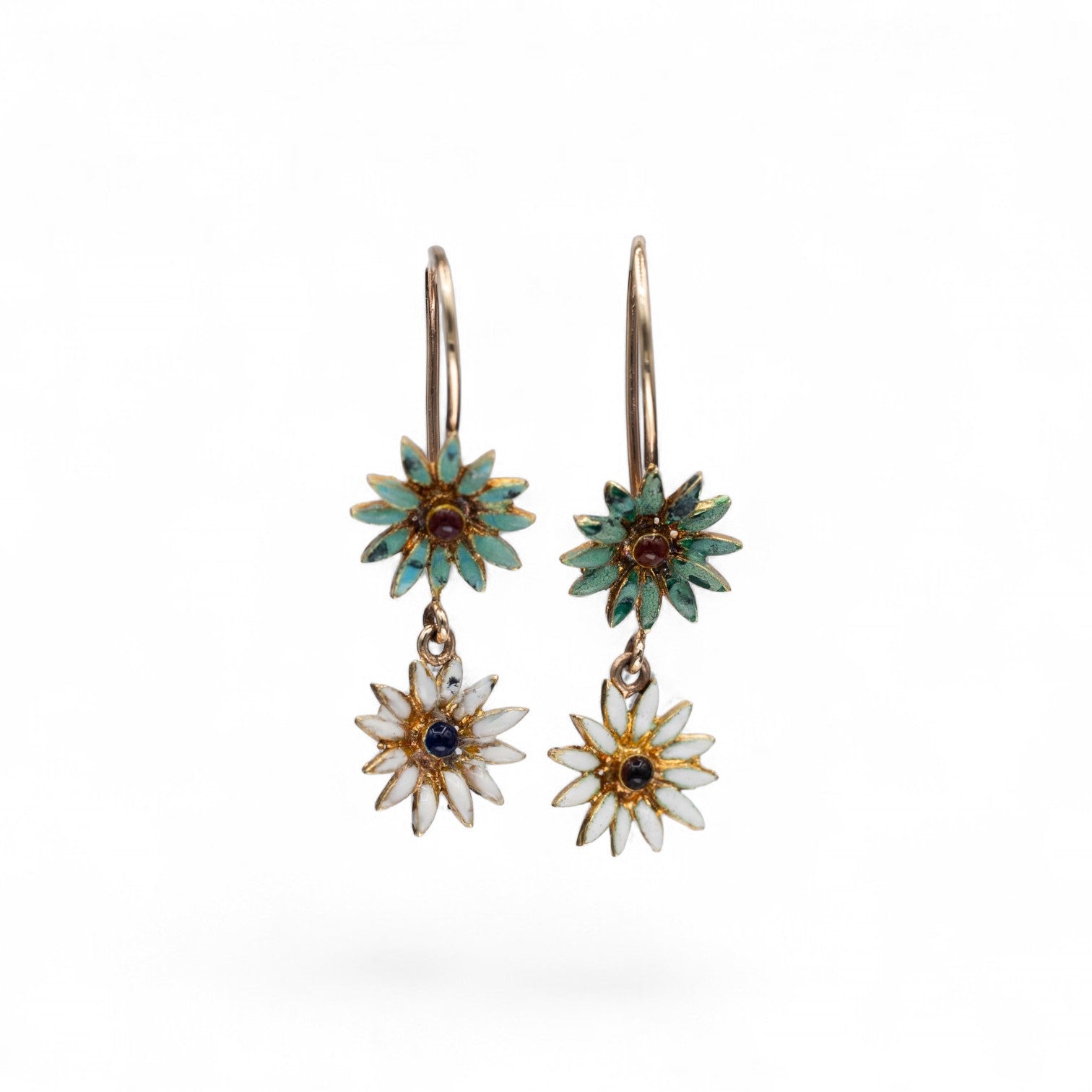 Storica Studio Vintage 18k yellow gold wildflower drop earrings with green and white enamel flowers and articulated movement