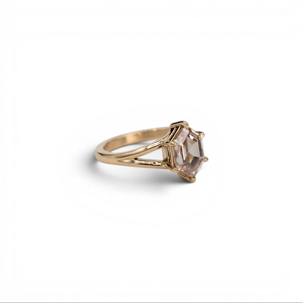 Stórica Studio 2.10ct hexagon champagne diamond ring in 14k yellow gold with a split shank.