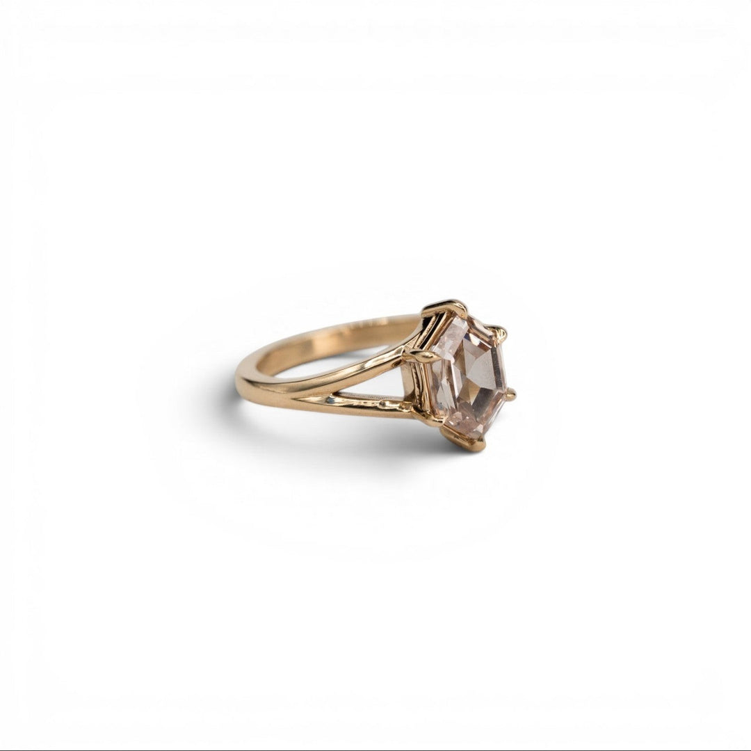 Stórica Studio 2.10ct hexagon champagne diamond ring in 14k yellow gold with a split shank.
