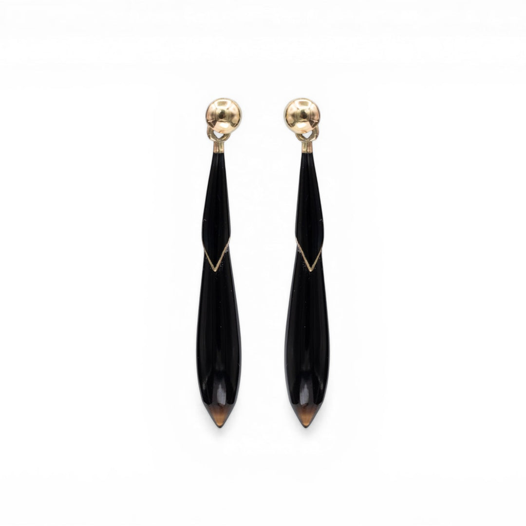 antique Art Deco 14k yellow gold stud earrings with black onyx tapered drops and enamel detail with exposed gold accents