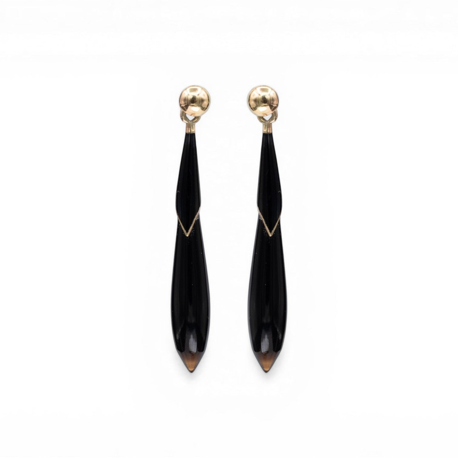 antique Art Deco 14k yellow gold stud earrings with black onyx tapered drops and enamel detail with exposed gold accents