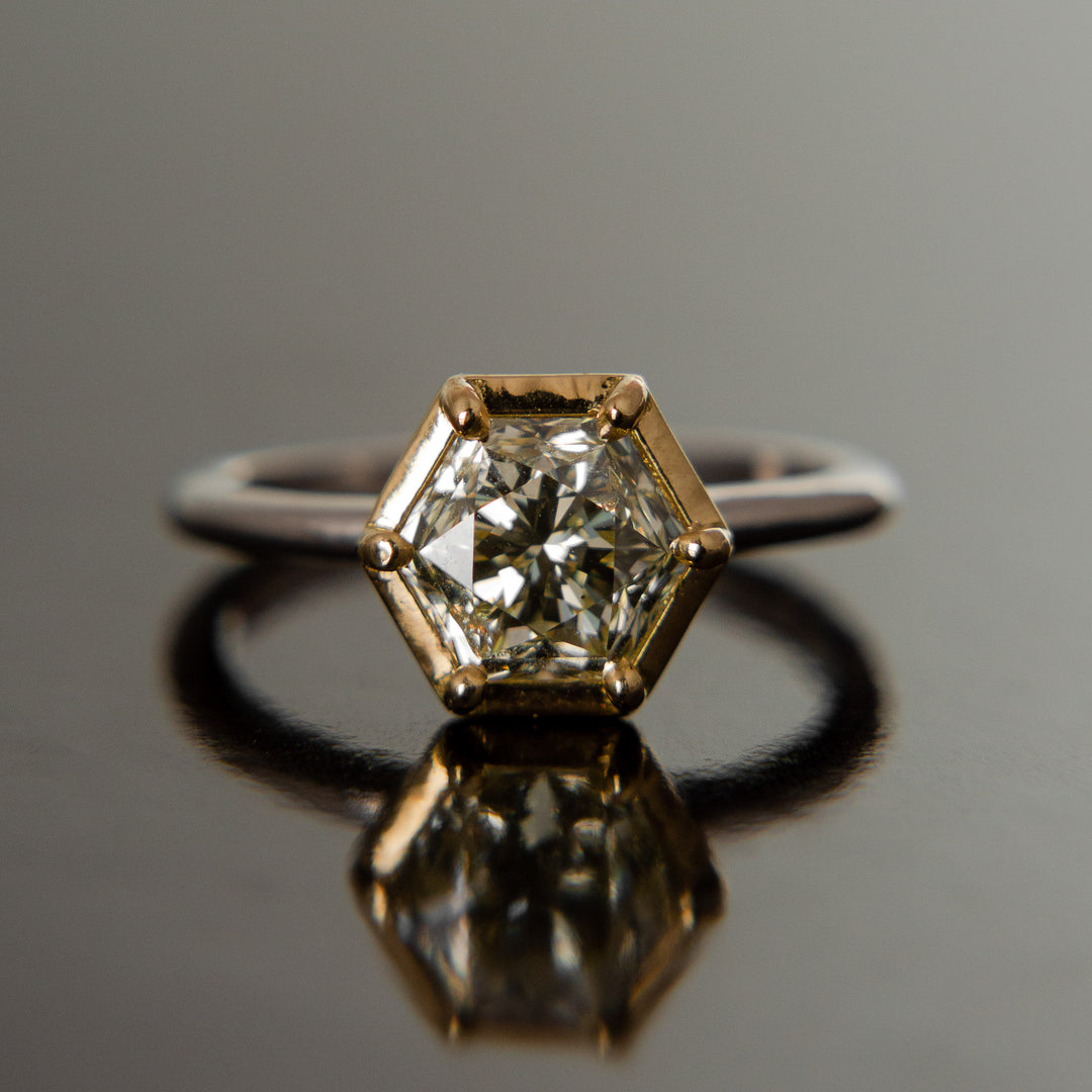 Antique Hexagon Diamond Ring in 18k Yellow Gold & Platinum