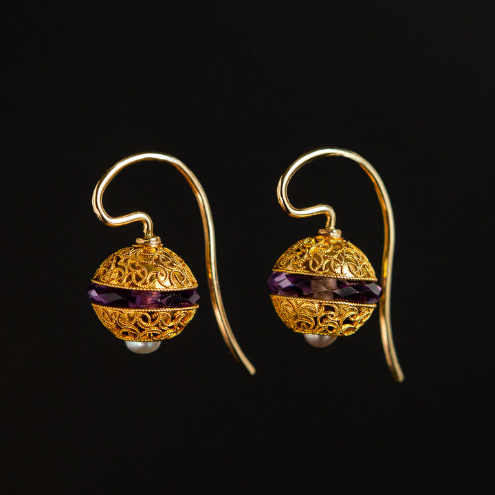 Etruscan Revival Amethyst + Pearl Earrings in 14 yellow gold c.1860